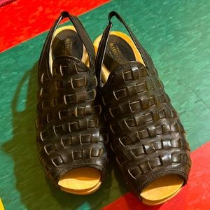 Swedish Hasbeens Woven Leather Flat Platform Clogs